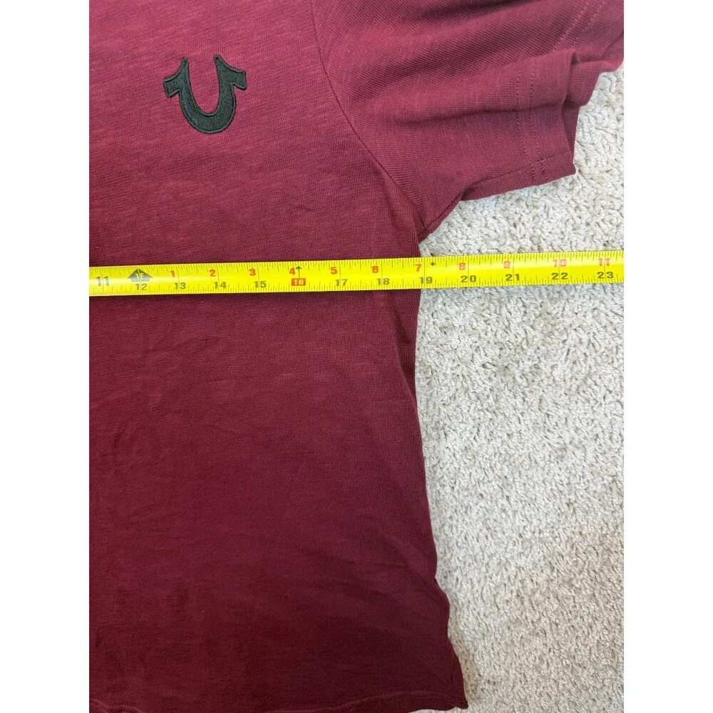 True Religion Men's S Burgundy Henley T Shirt Horseshoe Logo 100% Cotton